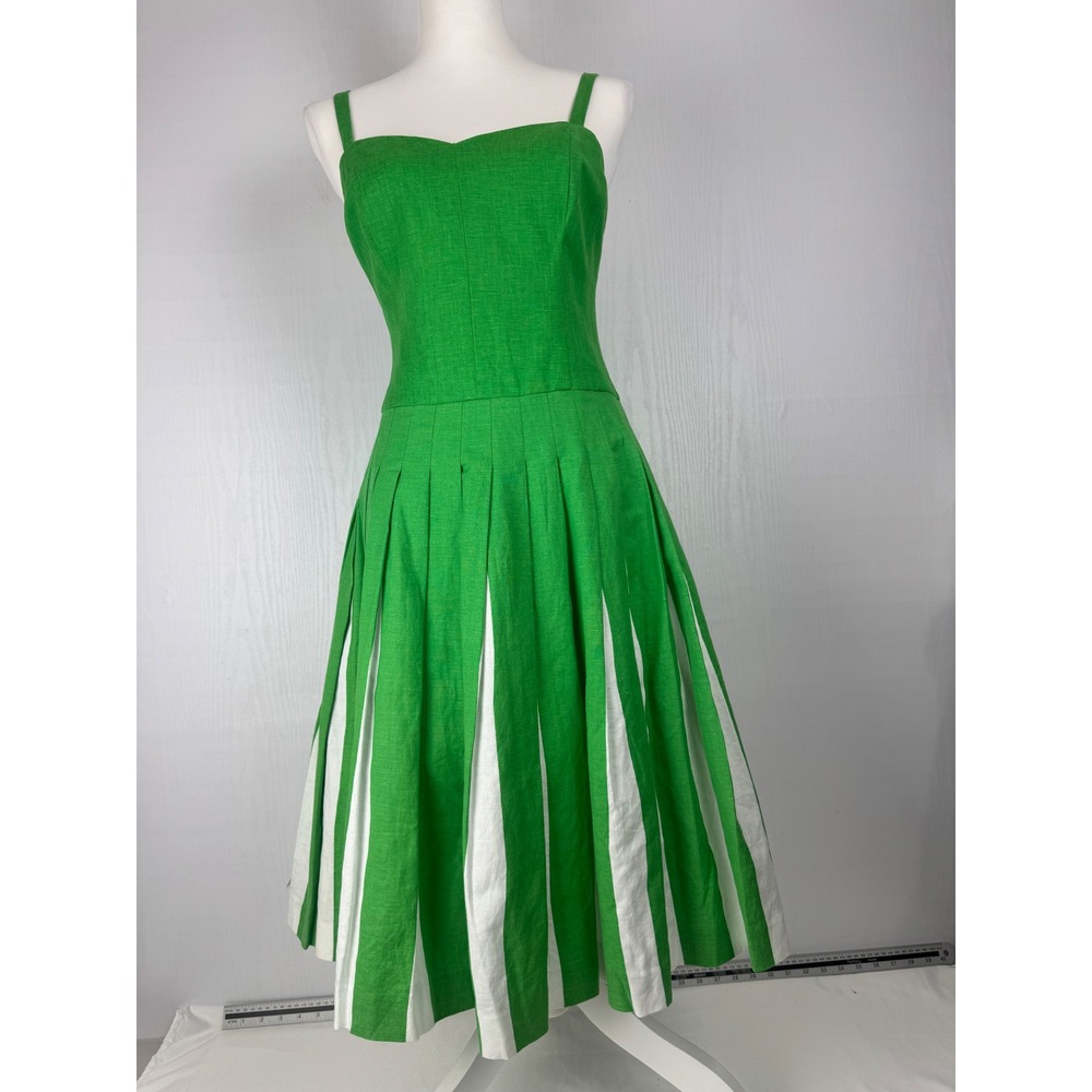 Boden Matilda Retro‎ Pleated Green White Women Linen Blend Dress Size 4L - Picture 2 of 14